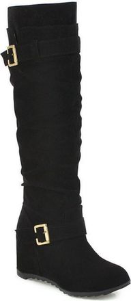 Generic Womens Knee-High Wedge Boots, Retro Plus Size Long Shaft Boots with Double Buckle Pleated Look Slip-On Shoes Autumn Winter Round Toe Dress Boots for O