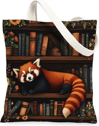 Generic Spring Red Panda Canvas Tote Bag for Shopping 13x15, Flower Bookshelf Animal Reusable Grocery Print Bag for Women, Fun Scenic Beach Aesthetic Painting