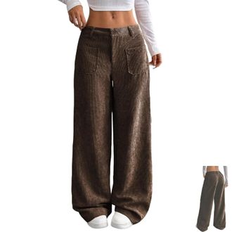 Generic Corduroy Pants Women Baggy Tall Cord Wide Leg Trousers, Corduroy Straight Leg Lounge Pants with Pockets (Brown,XL)