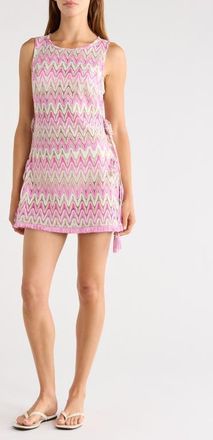Ramy Brook Kimber Metallic Fringe Trim Tie Side Cover-Up Minidress in Radiant Pink Zigzag at Nordstrom, Size Xx-Small