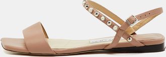 Jimmy Choo London Beige Leather Aadra Ankle Strap Flat Sandals