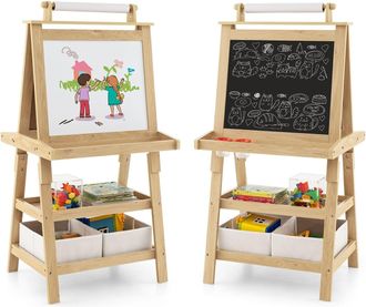 Costway Costway - Pizarra De Doble Cara Para Ni&ntilde;o Caballete De Infantil Tablero De Pie Con 2 Cajas De Almacenamiento,rollo De Papel Y Estantes (natural)
