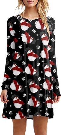 Generic Dresses for Women UK Womens Christmas Party Dress Xmas Print Casual Midi Dress Round Neck Long Sleeve Shirt Pleated Loose Swing Tops Black-a