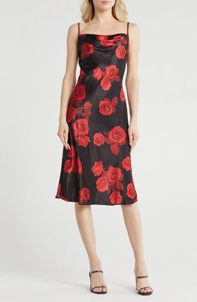 Bebe Printed Satin Bias Midi Dress in Black Rose at Nordstrom Rack, Size X-Small