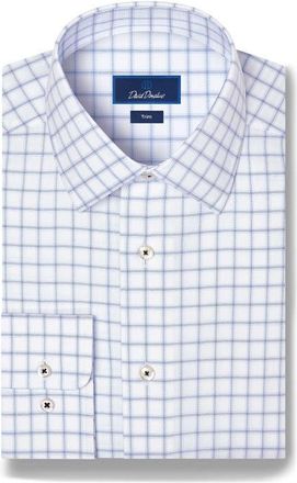 David Donahue Trim Fit Windowpane Check Dress Shirt in White/navy at Nordstrom, Size 17.5