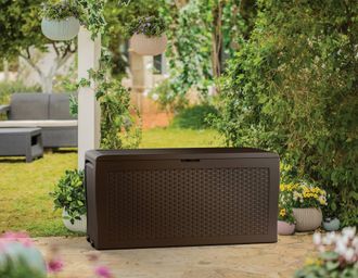 Dmora Dmora - Cassapanca Outdoor Torio, Baule Da Giardino, Contenitore Da Esterno, Panchina Contenitore Da Esterno, 116x45 H57 Cm, Marrone
