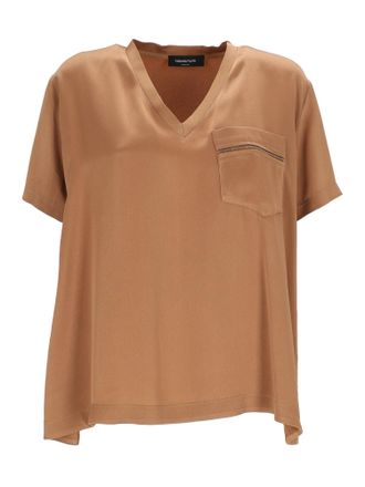 Fabiana Filippi Top Scollo V Manica Corta In Enver Satin Lucido Con Taschino Colore Vimini