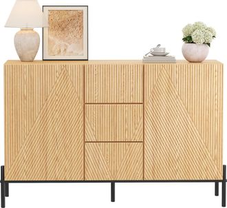 STILVORA Aparador Con 2 Puertas Y 1 Caj&oacute;n, Frentes Geom&eacute;tricos, Patas De Hierro, En Mdf, 115,5&times;40&times;76 Cm, Natural