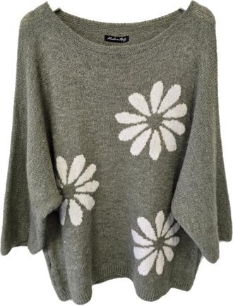 Generic Made in Italy Moda Fashion - Khaki - Womens Wool Mix Lightweight Knit Jumper - Cosy Floral Pullover - One Size Fits UK 8-16