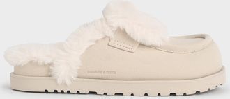 Charles & Keith Textured Fur-Trim Flatform Mules
