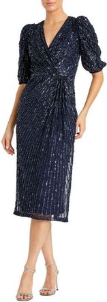 Mac Duggal Sequined V-Neck Short Puff Sleeve Midi Dress in Midnight at Nordstrom, Size 16