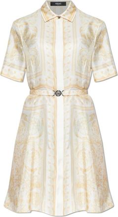 Versace Gedrukte Zijden Twill Midi Jurk - Dames - Shirt Kleedjes - Beige - 2XS - Kleedjes