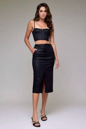 Hidden Jeans Coated High Rise Front Slit Midi Skirt In Black