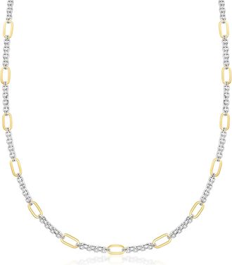 Ross-Simons Sterling Silver and 18kt Gold Over Sterling Cable and Paper Clip Link Station Necklace