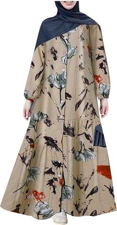 Generic Maxi Long Dress Long Sleeve Button Down Ankle Length Print Modest Islamic Dubai Outfits Middle Eastern Elegant Flowy Robe Prayer Garment Casual Attire