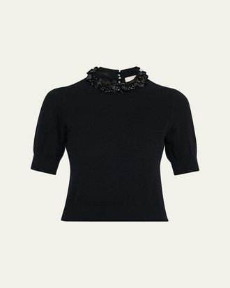 Ulla Johnson Liv Embroidered Short-Sleeve Cashmere Sweater