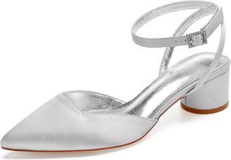 Generic Wedding Sandals Womens Low Block Heels Sandals Bridal Pointed Toe Slingback Ankle Strap Dress Party Heels 4.5,Silver,8 UK