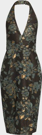 Aidan Mattox Deep V-Neck Stretch Jacquard Sheath Midi Dress