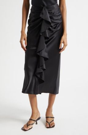 Cinq &agrave; Sept Cynthia Ruffle Ruched Silk Midi Skirt in Black at Nordstrom, Size 00