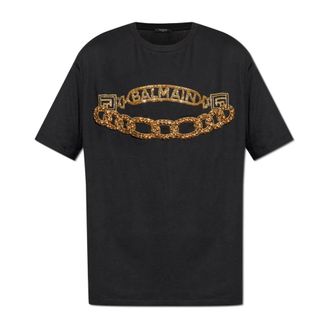 Balmain T-Shirts, male, Black, Size: XL T-shirt with shimmering appliqués