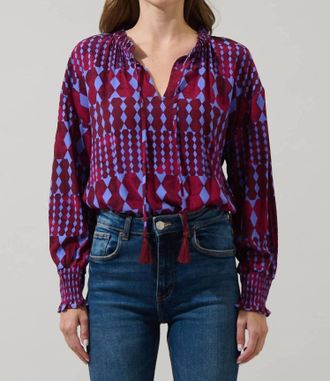 Sugarlips Ramsay Abstract Weylin Split-Neck Blouse In Burgundy & Blue