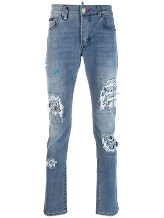 Philipp Plein ripped-detail slim-cut jeans - Blue