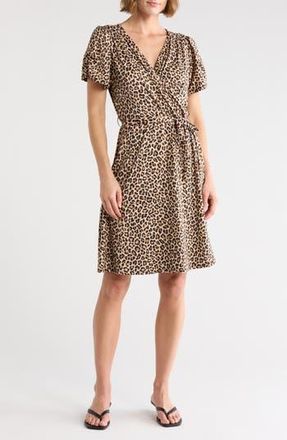 Loveappella Short Sleeve Faux Wrap Jersey Dress in Tan Multi at Nordstrom Rack, Size X-Large