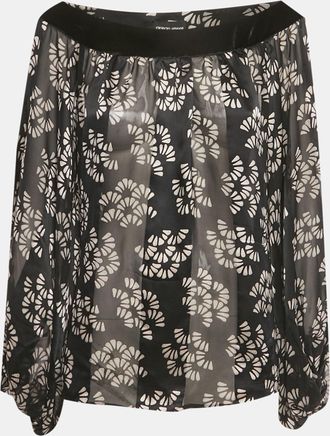 Armani Giorgio Armani Black Printed Silk & Velvet Trim Top