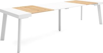 Skraut Home Mesa Consola Extensible, Mesa Comedor Plegable, 300, Para 14 Comensales, Patas De Madera, Estilo Moderno, Roble Y Blanco - Skraut Home