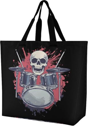 Generic Skull Drums Tote Bag Reusable Grocery Shopping Bags Large Travel One Shoulder Handbag for Picnic Work