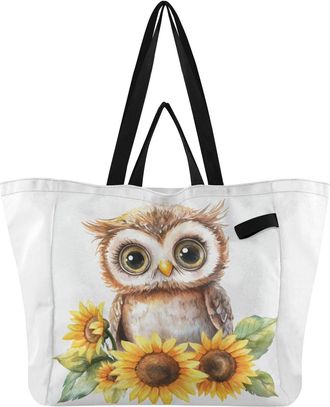 Generic Brown Owl Sunflowers print Reusable Canvas Tote Bag, Heavy Duty Grocery Shopping Bag with Large Capacity Double Handles Hard Bottom Work Groceries Tra