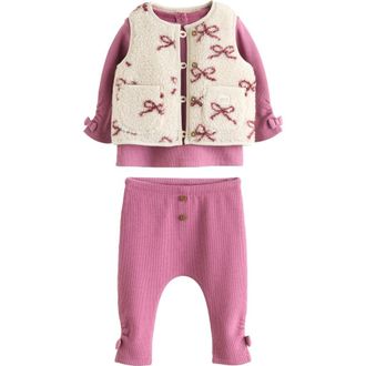 Next Bow Print Fleece Vest, Waffle Knit Top and Waffle Knit Leggings Set in Burgundy Red at Nordstrom, Size 12-18M