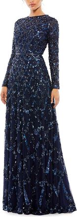 Mac Duggal Embellished Illusion High Neck Long Sleeve A-Line Gown