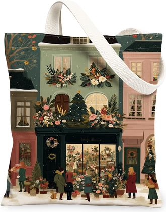 Generic Winter Floral Canvas Tote Bags, Vintage Flower Pattern Reusable Grocery Bags, Lightweight Washable Shoulder Strap Canvas Fo, Multicolor, 13x15 Inch