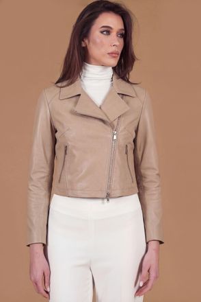 D'Arienzo Giacca corta in pelle naturale sabbia stile chiodo DArienzo, Seleziona Taglia XS, Colore Beige