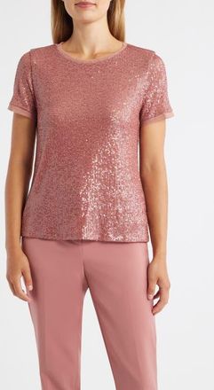 Anne Klein Short Sleeve Sequin Mesh Top in Soft Primrose at Nordstrom, Size X-Large