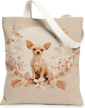 Generic Floral Dog Canvas Tote Bags, Designer Animal Print Reusable Grocery Bags, Vintage Lightweight Washable Shoulder Strap, Beige, 13x15 Inch