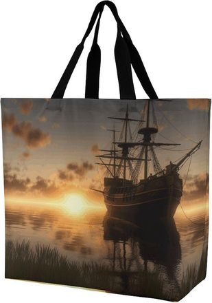 Generic Ship In The Lake Sunset Grocery Bag Durable Tote Bag Waterproof Handbags For Travel Work Casual
