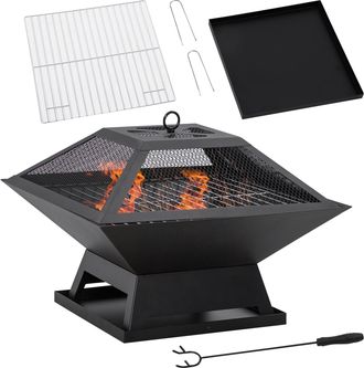 OEM Brasero Exterior De Acero Pozo De Fuego Para Jard&iacute;n Multifuncional Con Protector De Chispas Y Atizador 45x45x34cm Negro