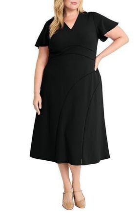 Maggy London Flutter Sleeve Fit & Flare Midi Dress in Black at Nordstrom Rack, Size 14W