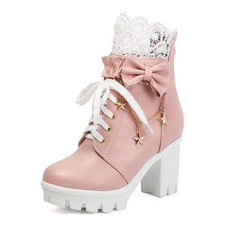 Generic Womens Platform Round Toe Elegant Lace Ankle Combat Boots Sweet Cute Bow Lolita Shoes with Back Zipper (Pink,5.5)