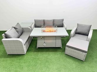 Fimous Patio PE Wicker 7 Seater Outdoor Rattan Furniture Sofa Sets w/ Firepit Dining Table Reclining Chair Loveseat Sofa 3 Seater Sofa Big Footstool
