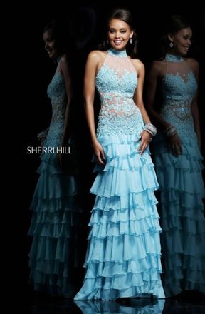 Sherri Hill Lace Tiered Ruffle Gown In Aqua