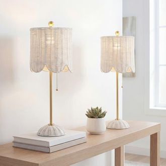 Jonathan Y Designs Celerie 27.5 Coastal Bohemian Rattan/Iron Scalloped Buffet LED Table Lamp with Pull Chain in White/brass Gold at Nordstrom