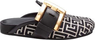 Balmain Flat Mule In Jacquard Canvas Black And Ivory