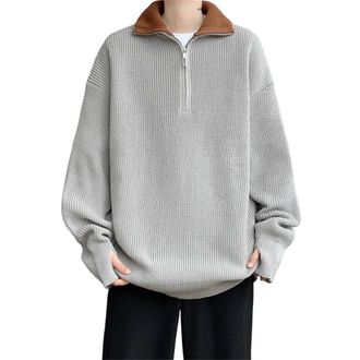 Generic Pullovers Men Stand Collar Half Zipper Solid Loose Knit Sweater Casual Gray 4XL