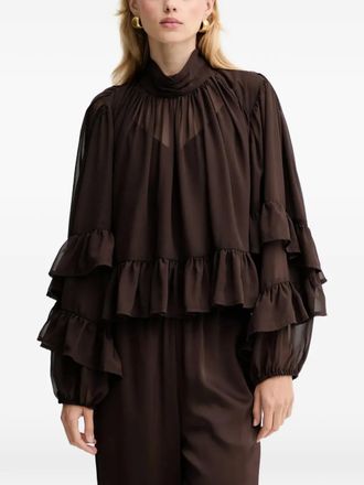 Gestuz GZmio ruffled high-neck blouse - women - Recycled Polyester - 34 - Brown