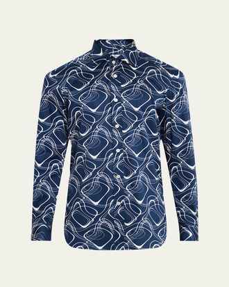 Kiton Mens Cotton Wave-Print Sport Shirt