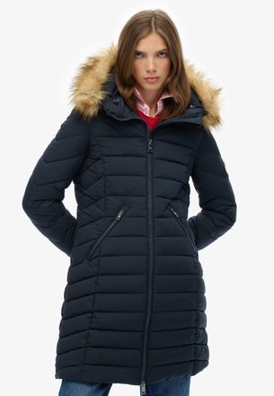 Superdry Steppjacke SUPERDRY FUJI FAUX FUR HOOD MID LENGTH, Damen, Gr. XXL, blau (eclipse navy), Web, Obermaterial: 100% Polyester, unifarben, slim fit, Jacken