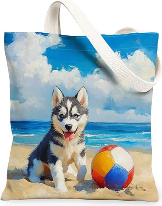 Generic Summer Catahoula Leopards Dog Canvas Tote Bag for Shopping 13x15, Beach Coastal Beachy Puppy Reusable Grocery Print Bag for Women, Fun Pet Beach Aesth
